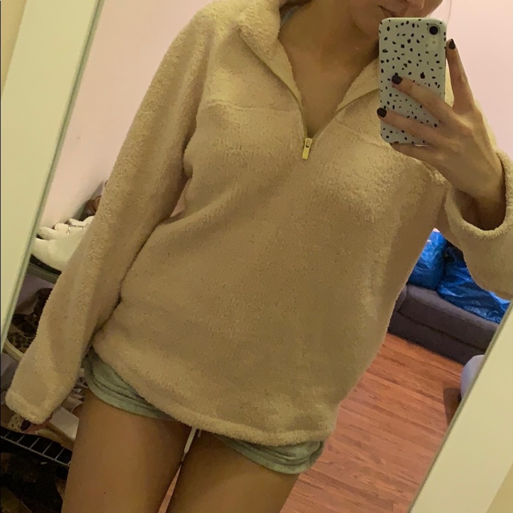 Pink Sherpa sweater with quarter zip